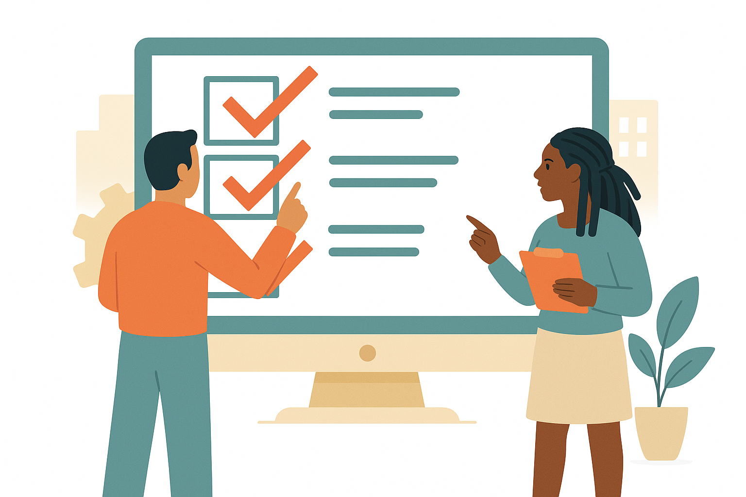 Digital illustration of people working on a checklist